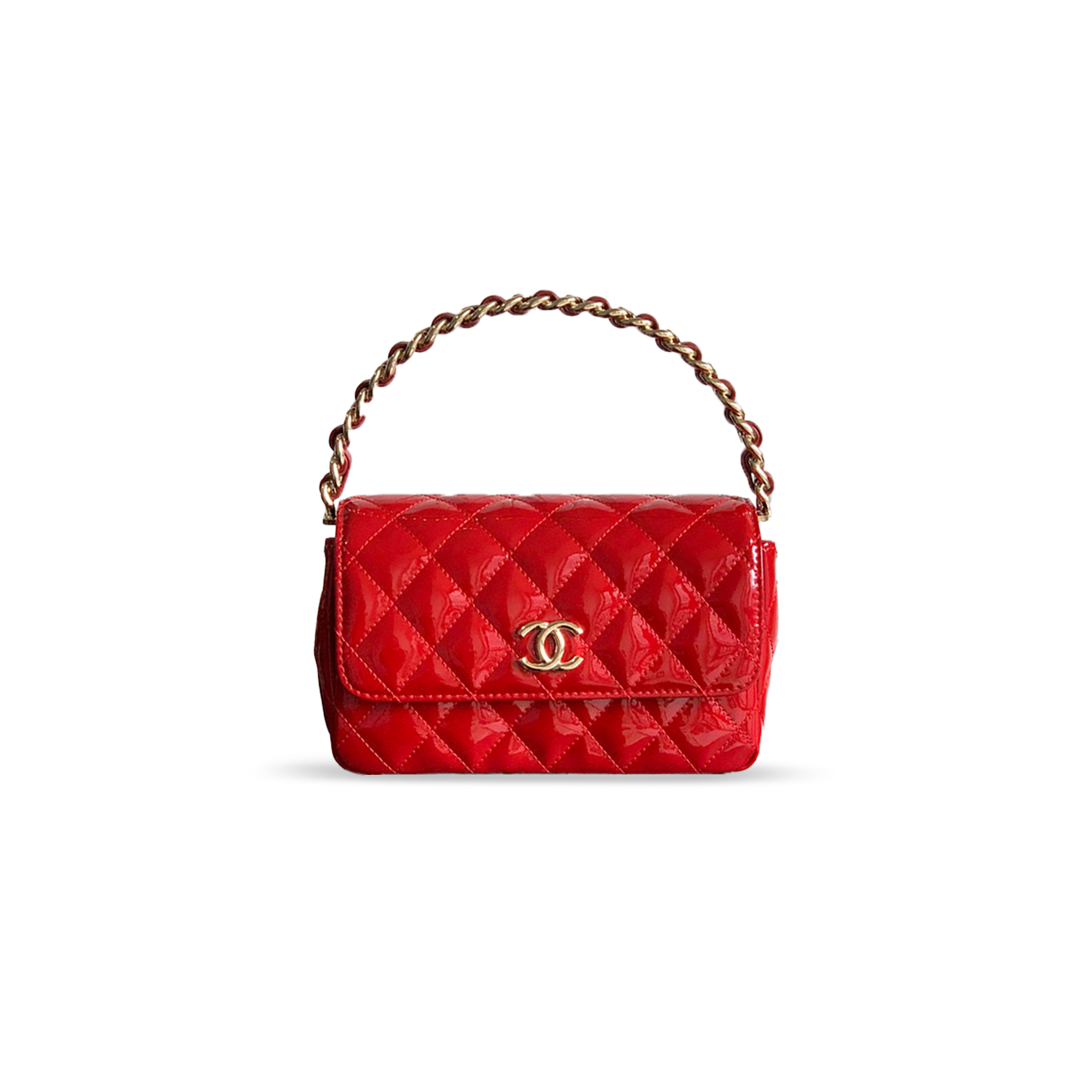 CHANEL HANDLE FLAP BAG PATENT CALFSKIN & GOLD METAL RED 496586 (18.5*10.5*8cm)